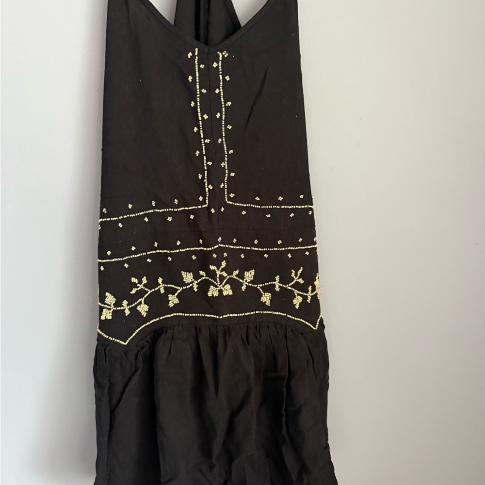 Black Halter Dress with Gold Embroidery